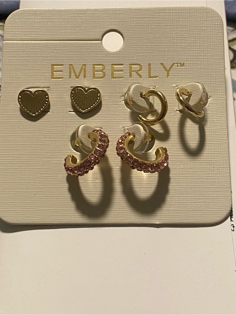 Emberly Gold-Tone Earring Set with Pink Crystal Huggies and Heart Studs